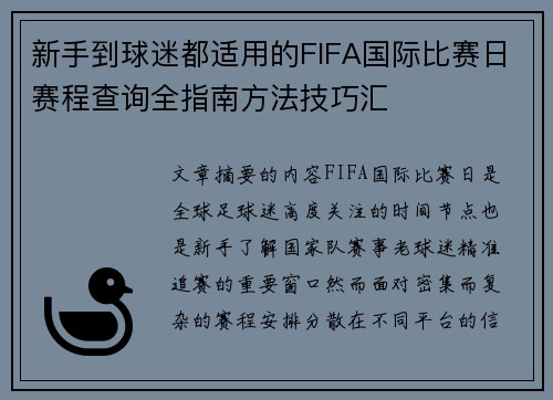 新手到球迷都适用的FIFA国际比赛日赛程查询全指南方法技巧汇